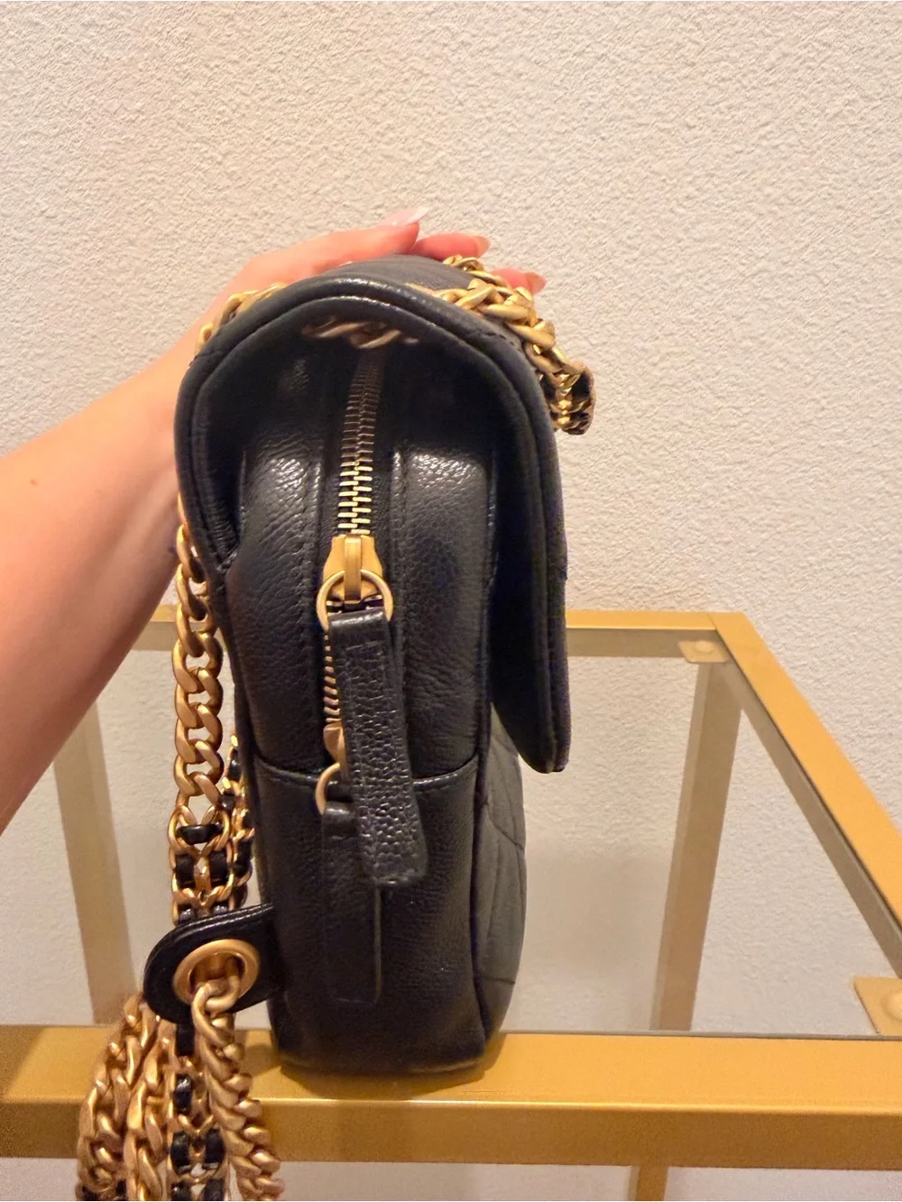 CHANEL Shiny Caviar Quilted Chain Melody Backpack Black